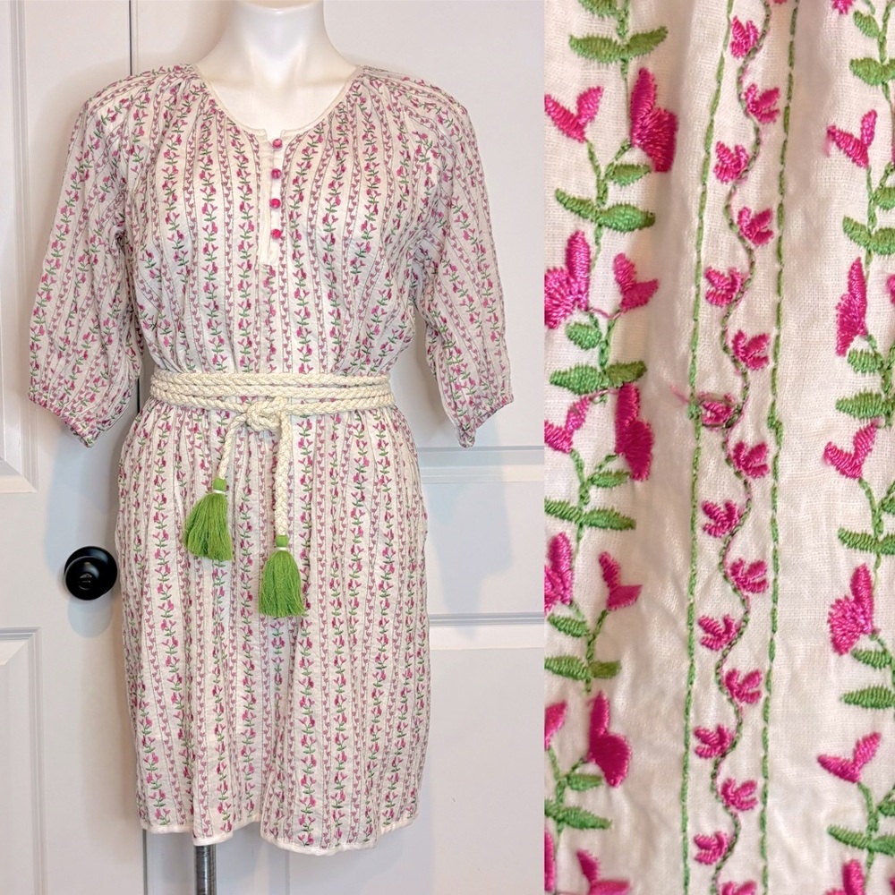 NWT Beau & Ro Addy Embroidered Floral Tie Waist White Pink Green Mini Dress XS